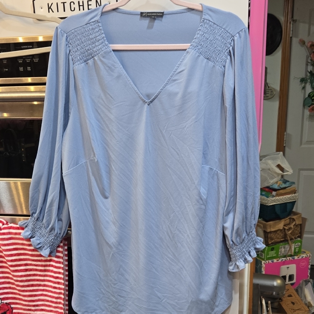 Adrianna Papell Blue Smocked Puff Sleeve Blouse
